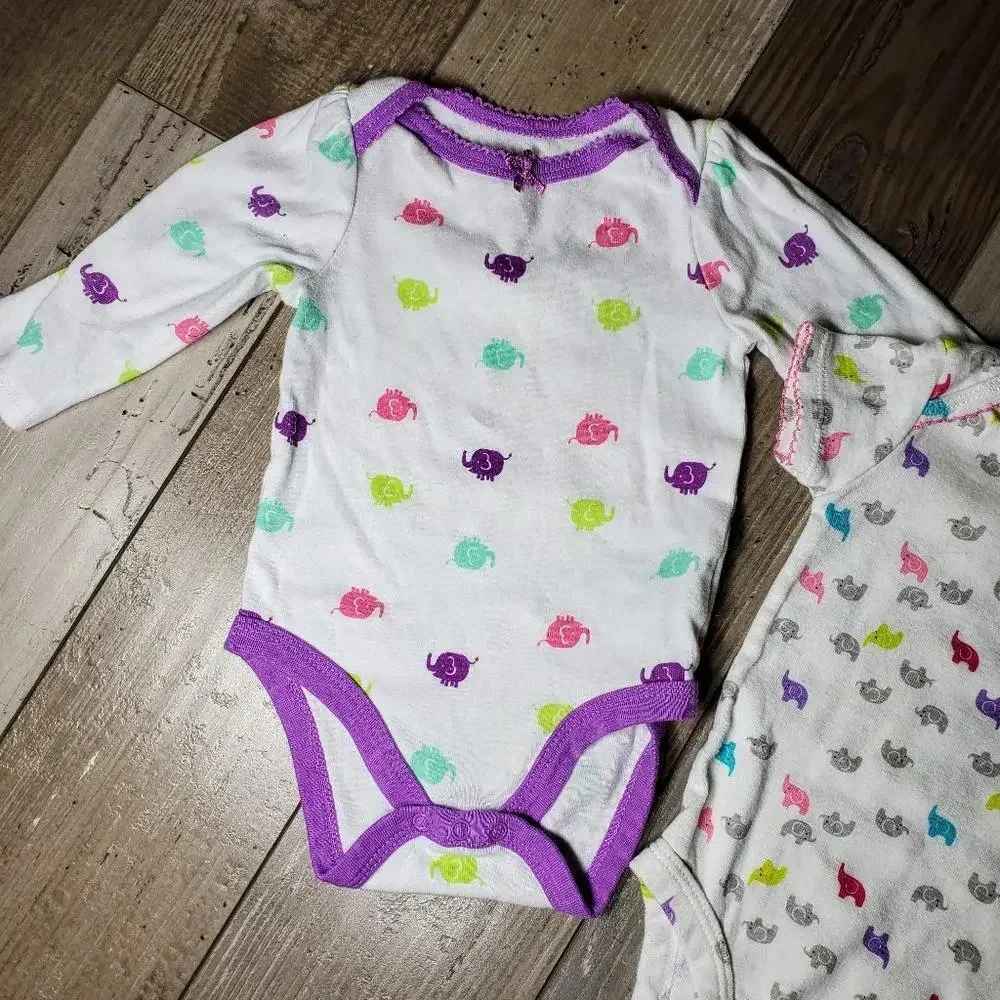 Baby Girl Elephant Onesie Bundle Size 3 Months NWOT Purple White Cotton